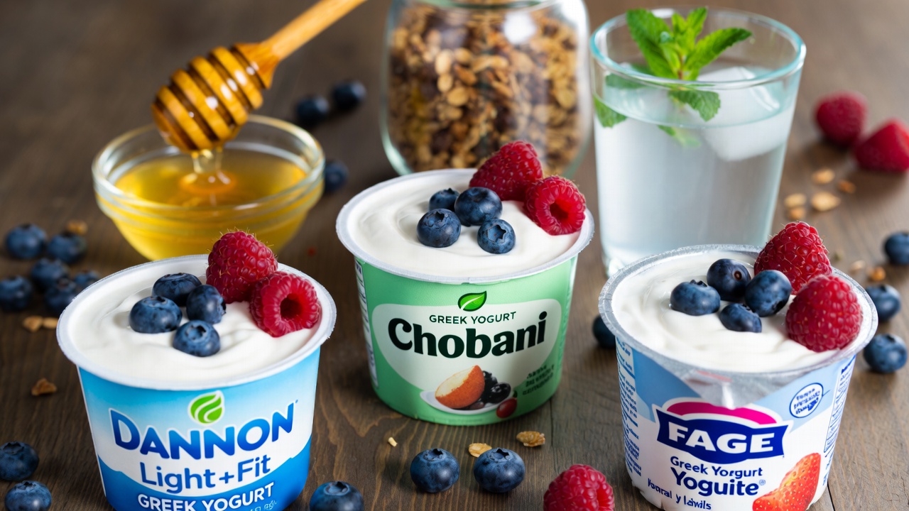Greek yogurt cups from Dannon Light + Fit, Chobani and Fage with fresh fruits and granola.”