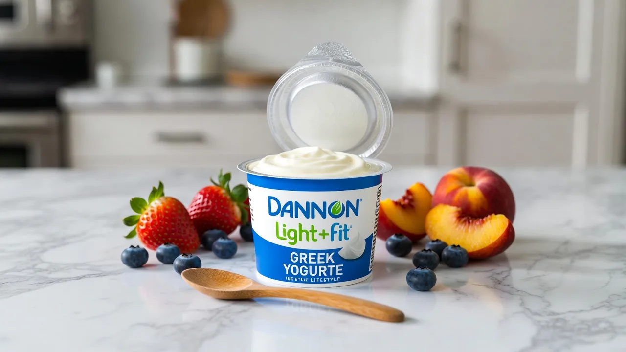 Dannon Light and Fit Greek Yogurt cup with fresh strawberries and blueberries on a kitchen counter