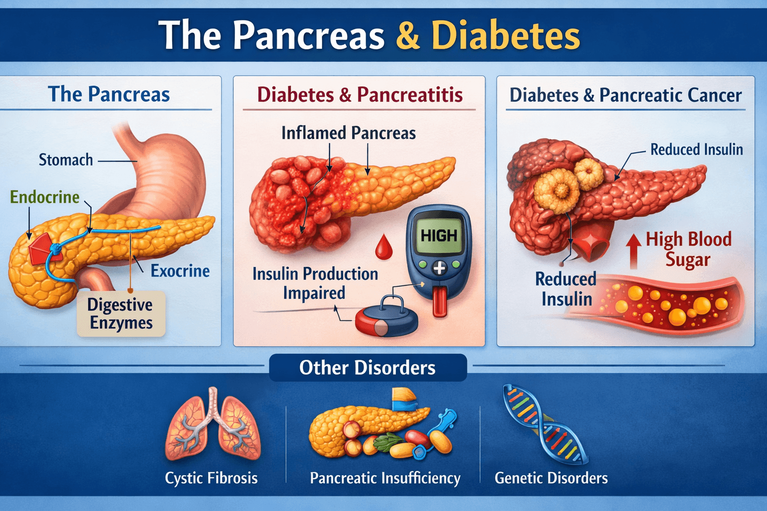 Medical illustration of the pancreas showing its location behind the stomach, highlighting endocrine and exocrine functions with insulin and glucagon secretion pathways.
