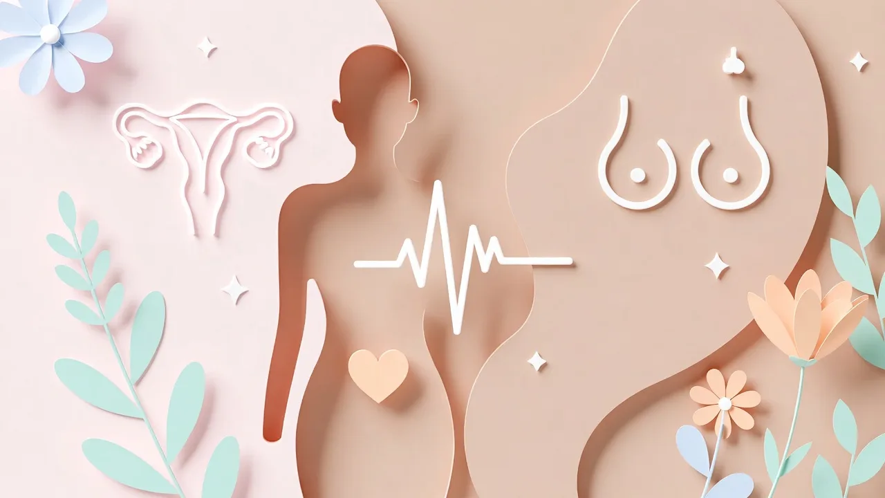 Educational illustration about women’s health showing a soft, abstract female silhouette with flowers and leaves symbolizing natural balance, in calm pastel colors, representing body awareness and vaginal health in a respectful, non-explicit way.