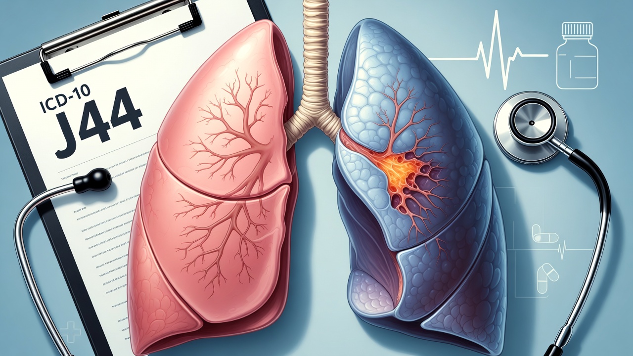 Chronic obstructive pulmonary disease COPD lungs illustration with ICD-10 code J44