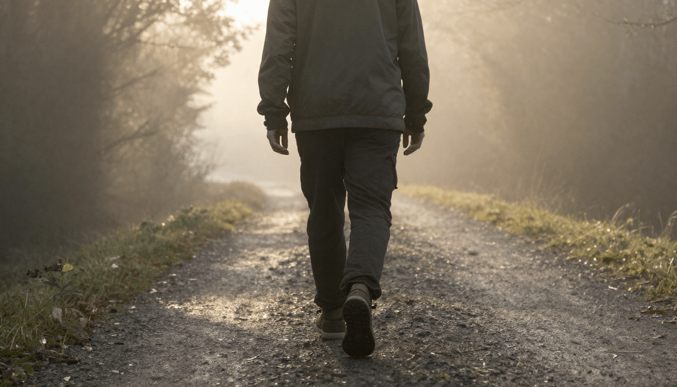 A person walking on a forest path at sunrise, representing exercise as a natural treatment for depression and mental wellness.