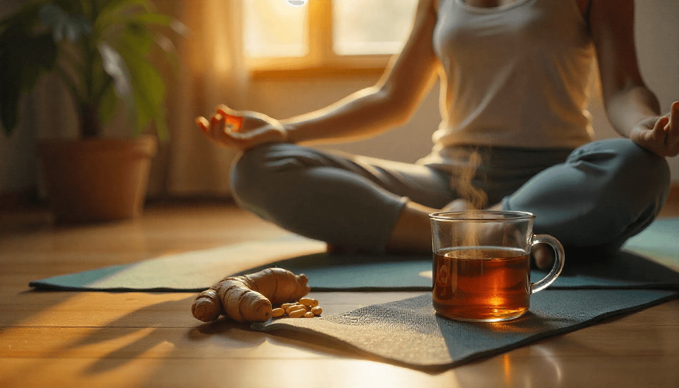 Middle-aged person practicing gentle yoga at home with natural remedies like turmeric, ginger, and fish oil nearby, symbolizing natural arthritis relief and holistic wellness.