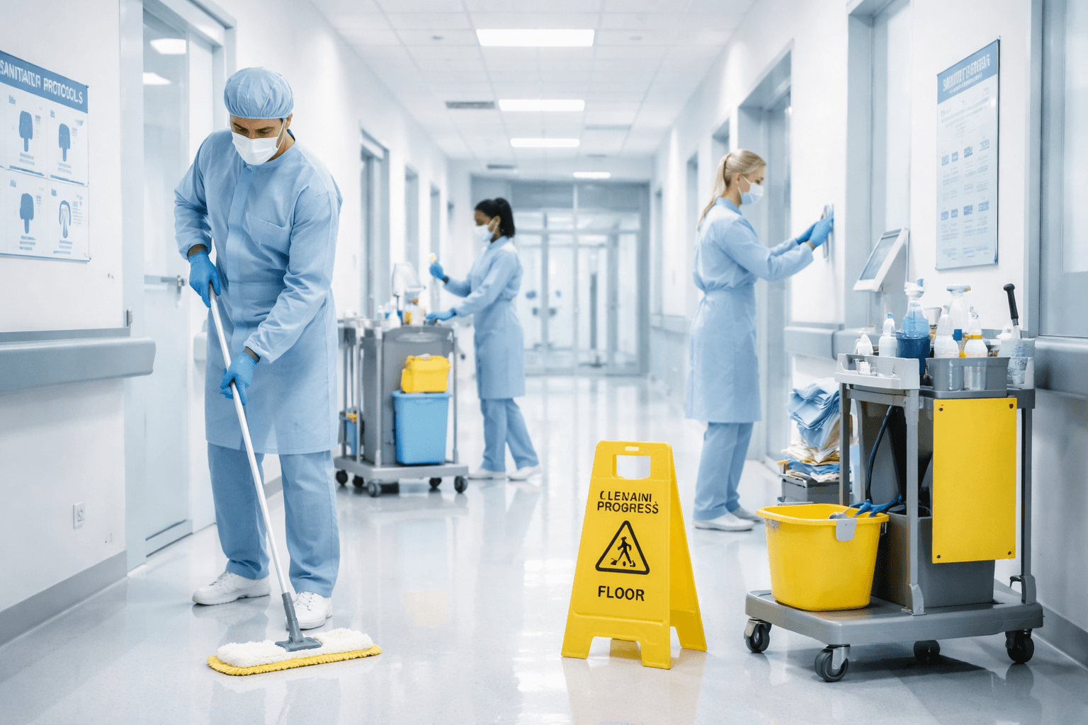 Hospital janitorial staff cleaning a healthcare facility using medical-grade disinfectants