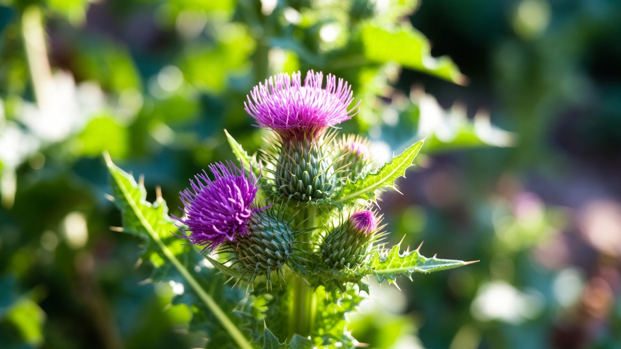 Milk thistle plant with purple flowers used for liver health and herbal medicine