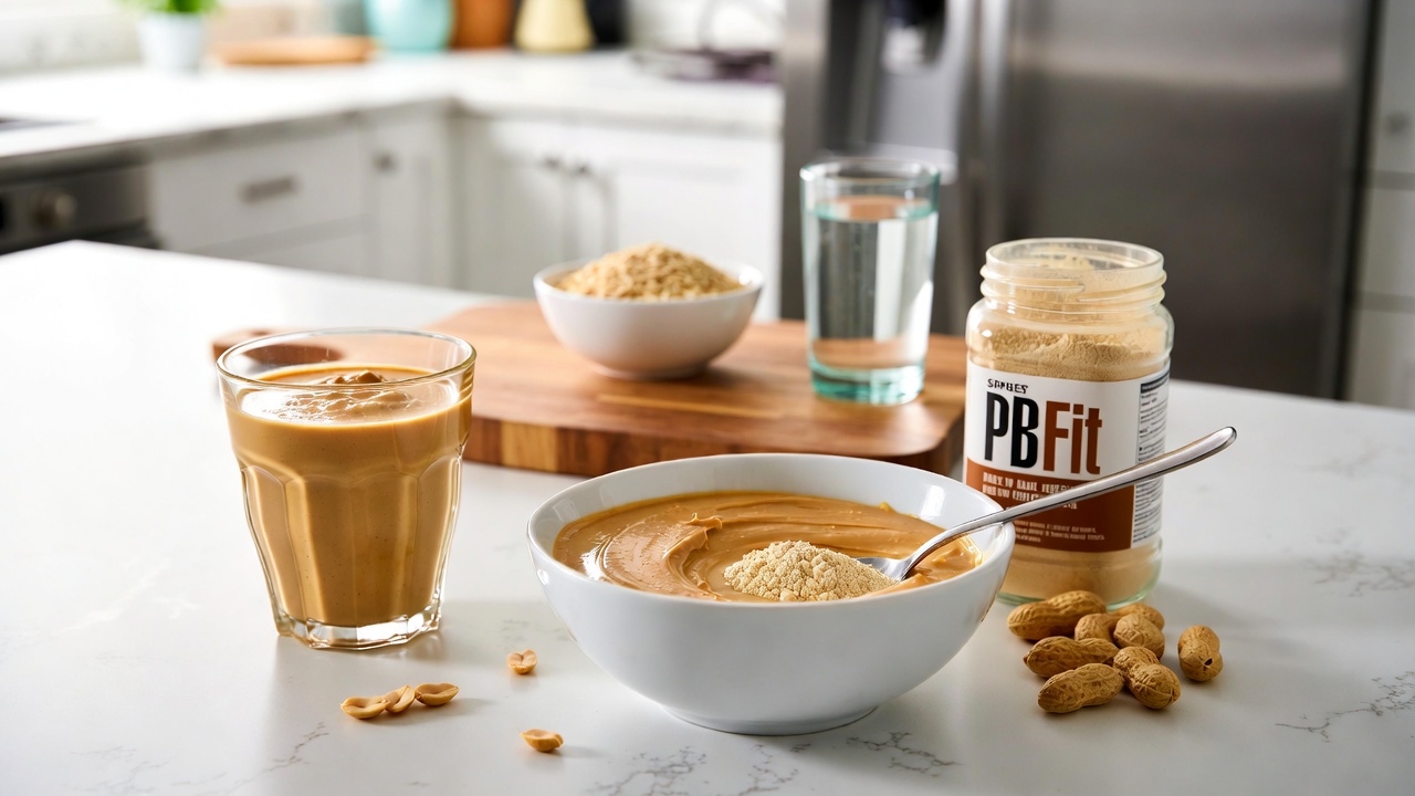 PB Fit powdered peanut butter nutrition facts showing calories, protein, and low fat content.