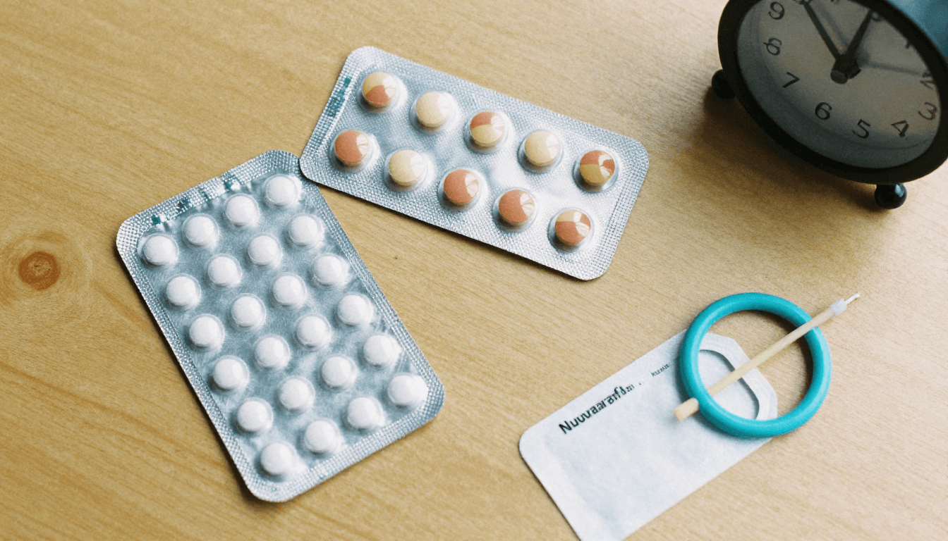 Young woman looking thoughtfully at various birth control pill packets, hormonal IUD, and patch spread on a table, representing a personal journey with contraception.
