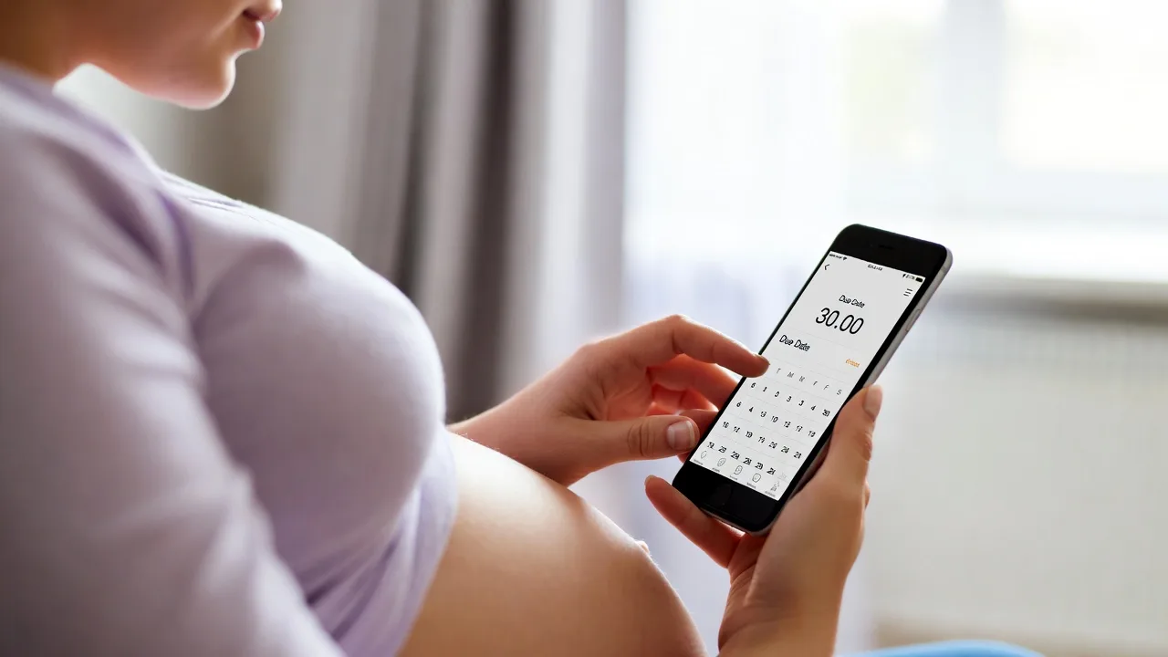 Pregnancy calculator showing due date and pregnancy weeks on a mobile device