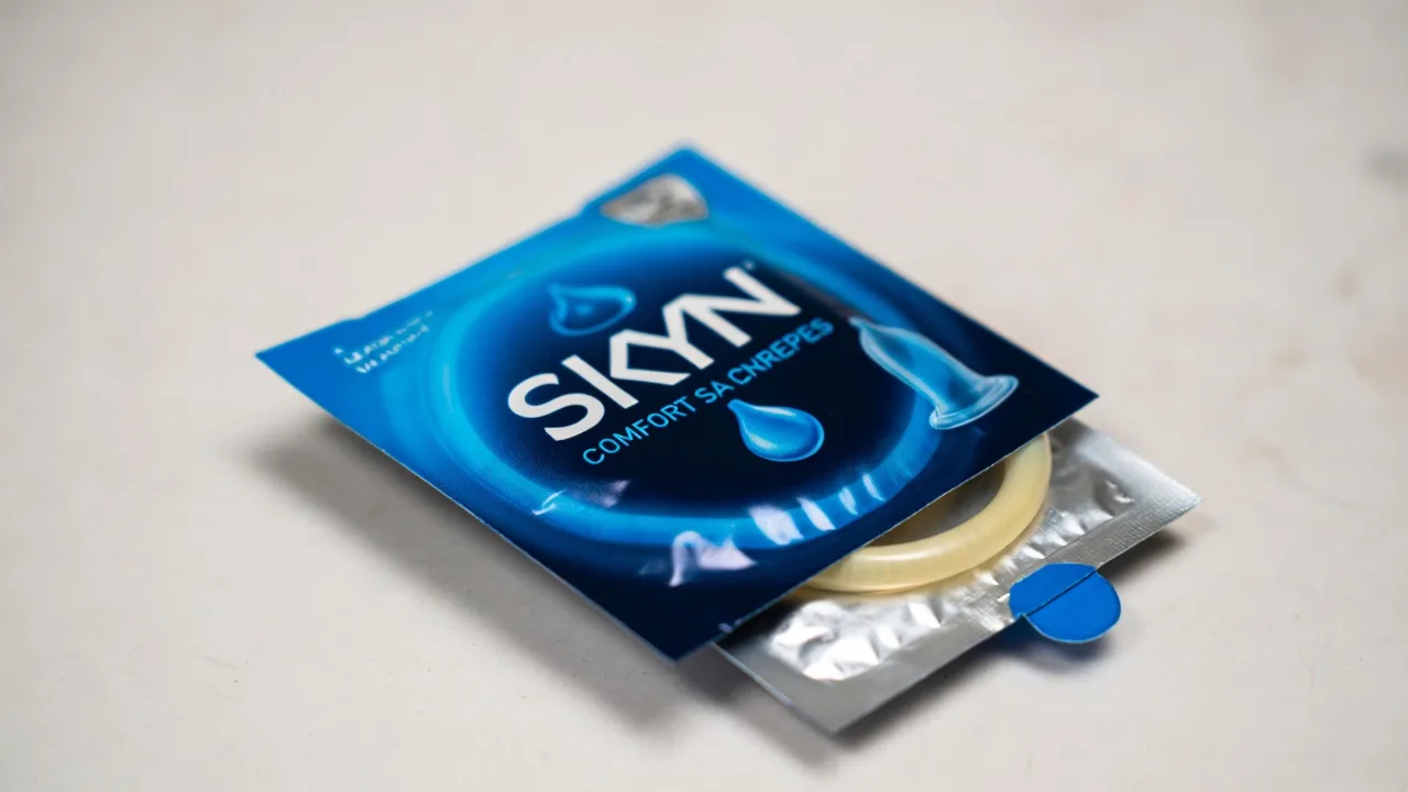 Skyn condoms pack showing latex-free, hypoallergenic condoms for safe intimacy