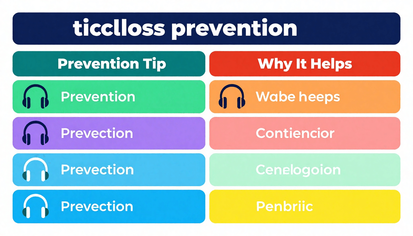 Infographic table showing evidence-based tinnitus prevention tips, including ear protection, safe headphone use, hearing checkups, stress management, and healthy lifestyle habits, with a “Prevention Tip” and “Why It Helps” column.