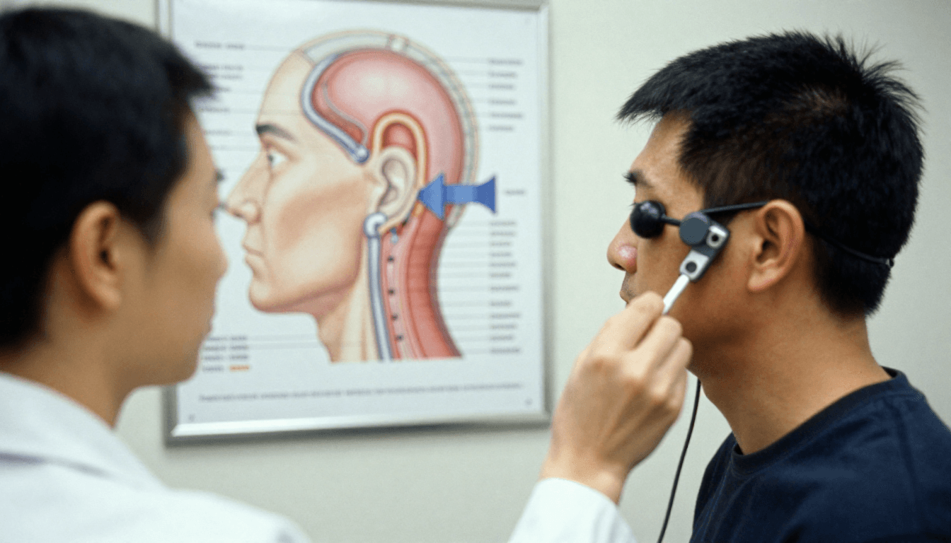 Audiologist providing tinnitus retraining therapy to a patient using sound therapy devices while explaining how the brain adapts to tinnitus sounds.