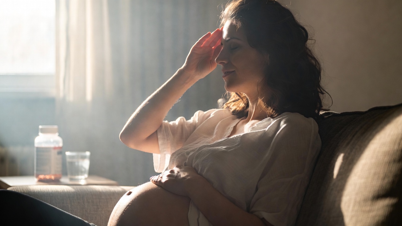 Pregnant woman experiencing eye strain and vision changes during pregnancy.