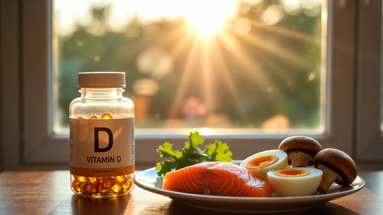 Vitamin D sources including capsules, salmon, eggs, and mushrooms, highlighting health benefits and bone support.
