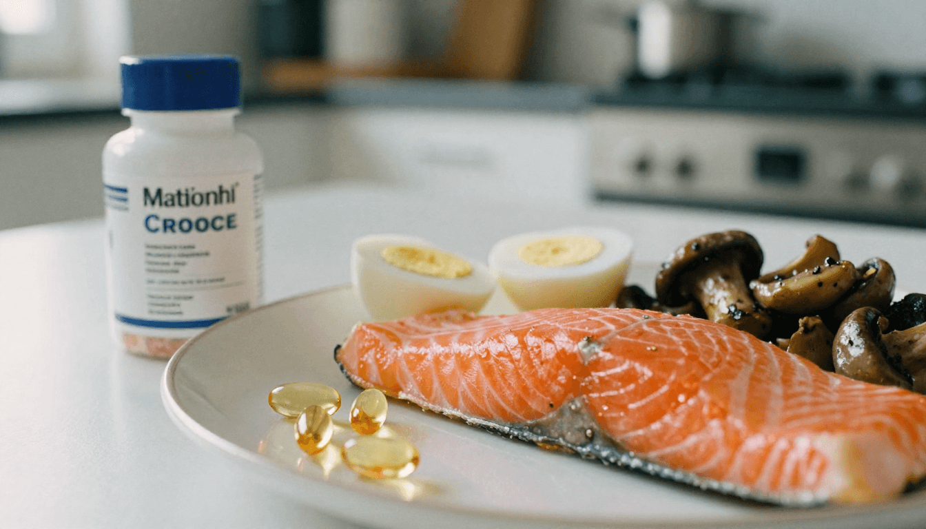 Vitamin D3 supplements with foods rich in vitamin D3, including salmon, eggs, and mushrooms, highlighting daily dosage and health benefits.