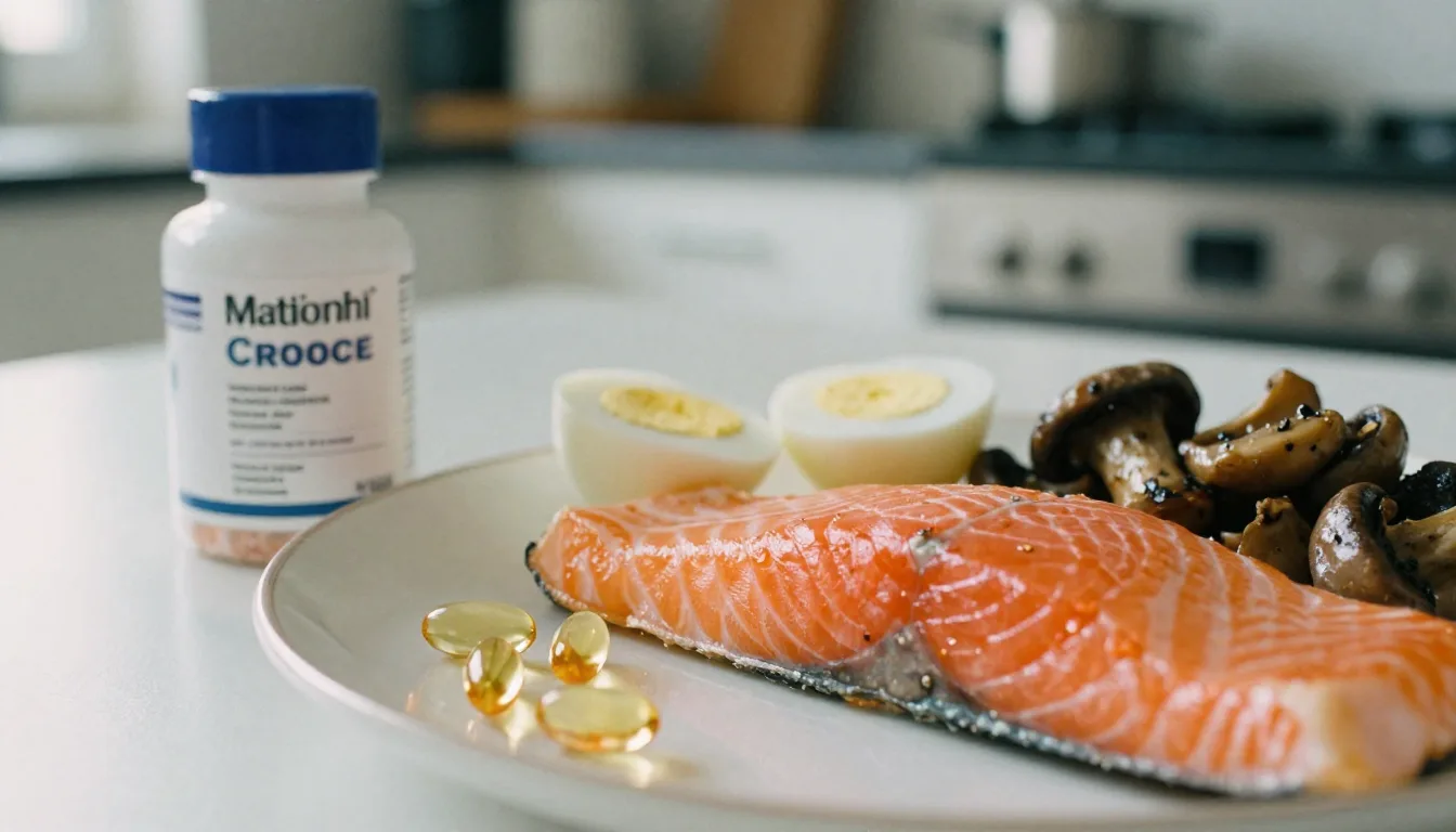 Vitamin D3 supplements with foods rich in vitamin D3, including salmon, eggs, and mushrooms, highlighting daily dosage and health benefits.