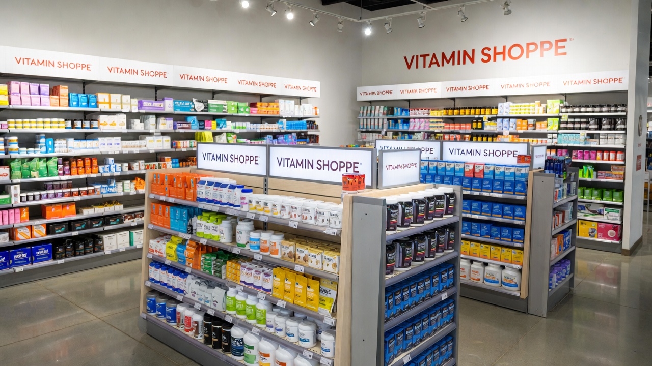 Vitamin Shoppe store shelves displaying vitamins, supplements, and health products.