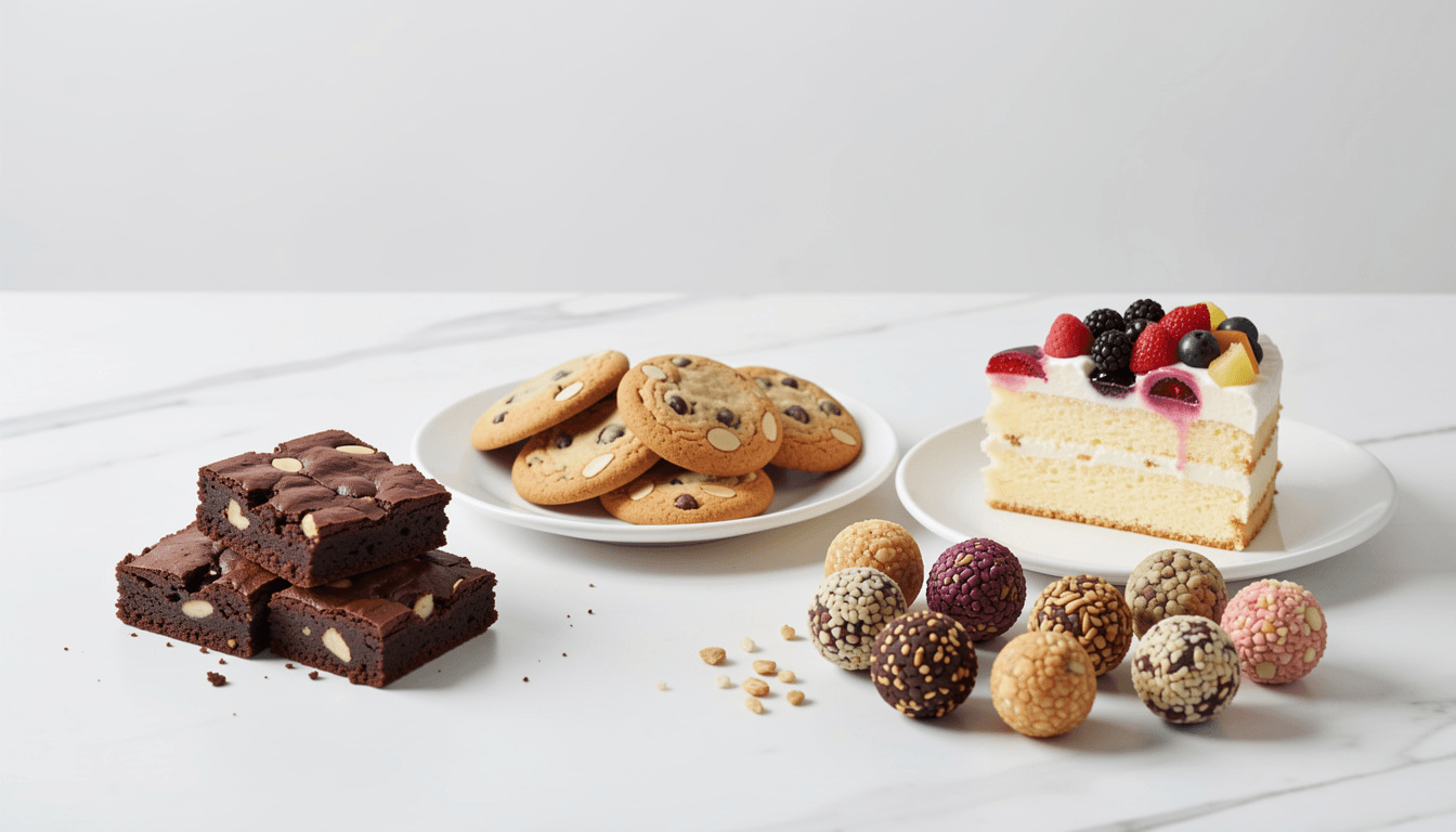 Gluten-free desserts including brownies, cookies, and cake arranged on a table