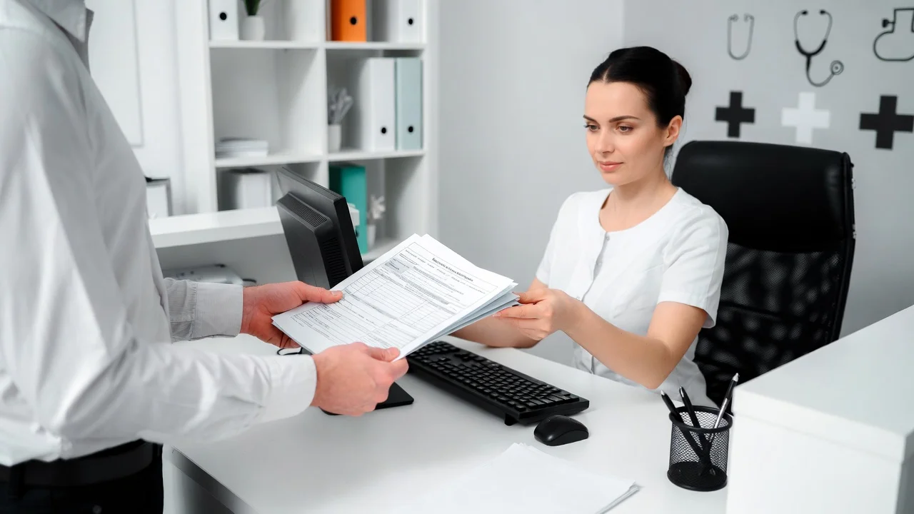 Health insurance claims process showing patient submitting medical bills at hospital insurance desk