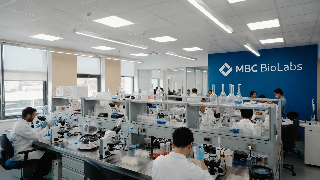 MBC BioLabs biotechnology incubator with fully equipped laboratory space and startup scientists conducting life science research.