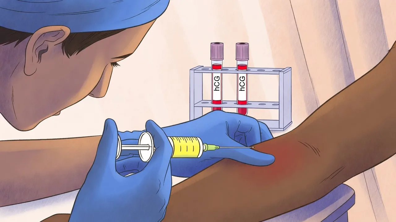 Pregnancy blood test showing blood sample collection for hCG hormone detection