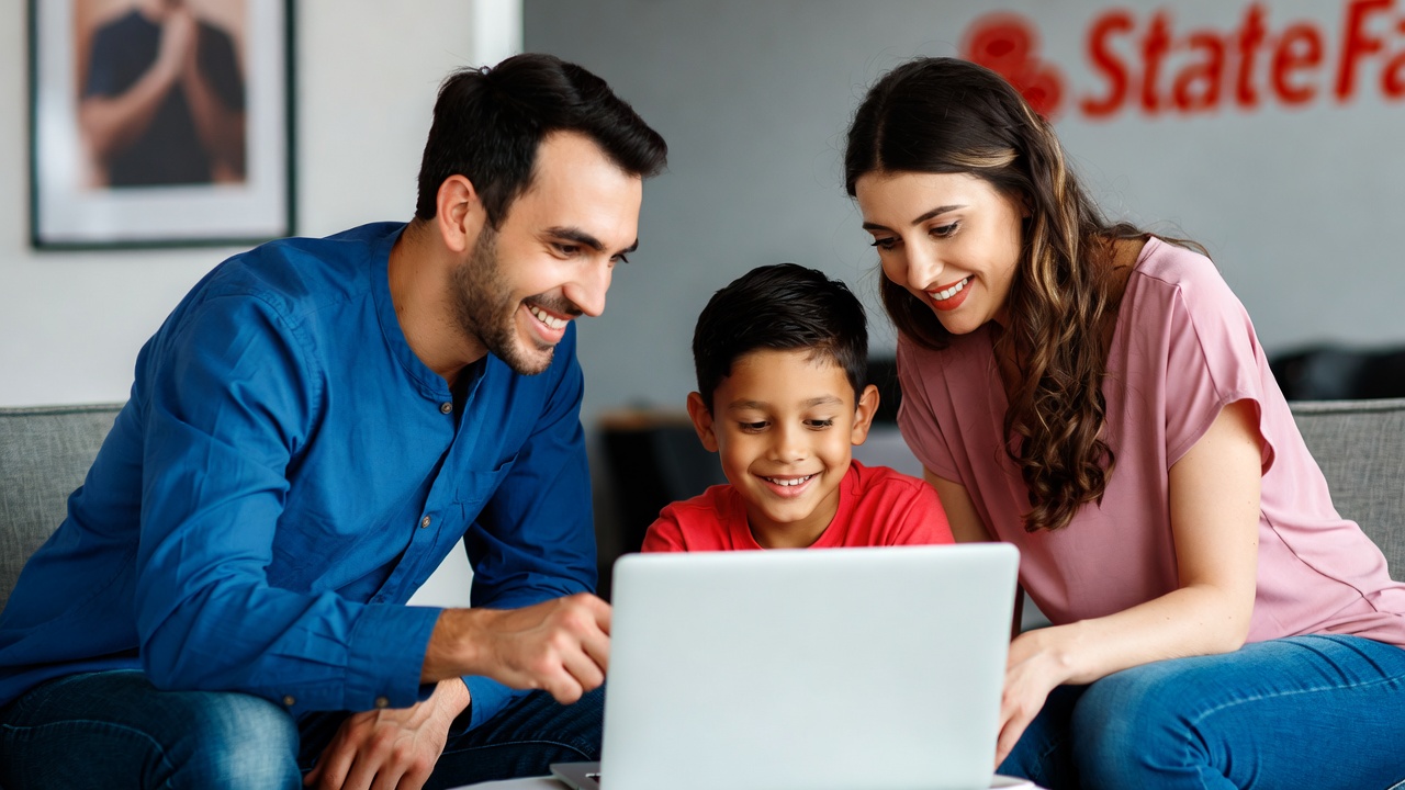 Family comparing State Farm health insurance plans online for coverage and benefits.