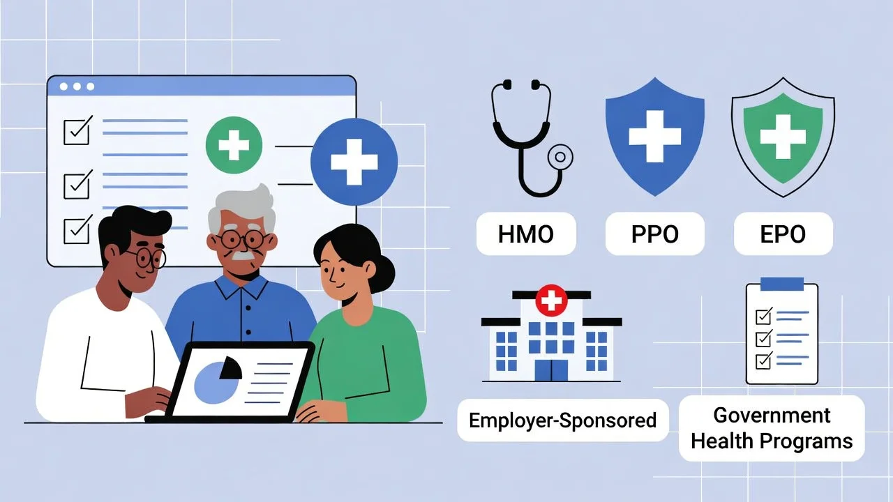 Types of insurance coverage of health including HMO, PPO, EPO, and government health insurance plans