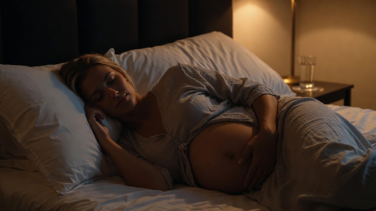 Pregnant woman resting in bed, representing sleep support during pregnancy.