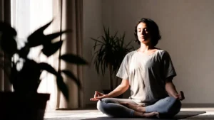 Person practicing yoga for mental well being in a calm and peaceful environment.